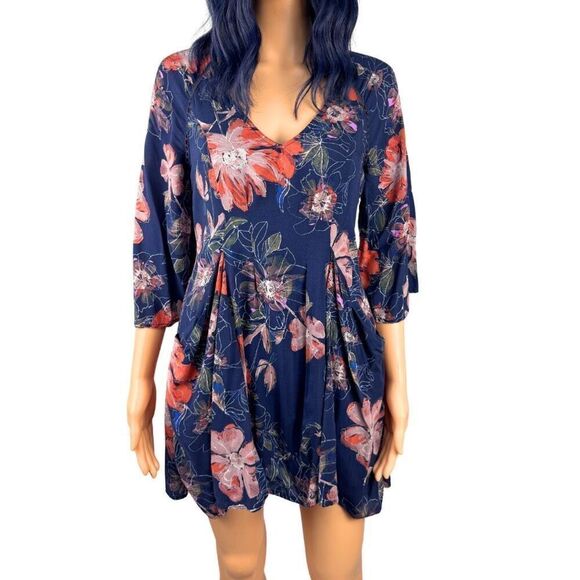 Free People Eyes On You Dress 2 Navy Floral Trapeze Swing Mini Pockets Tunic - Picture 2 of 6